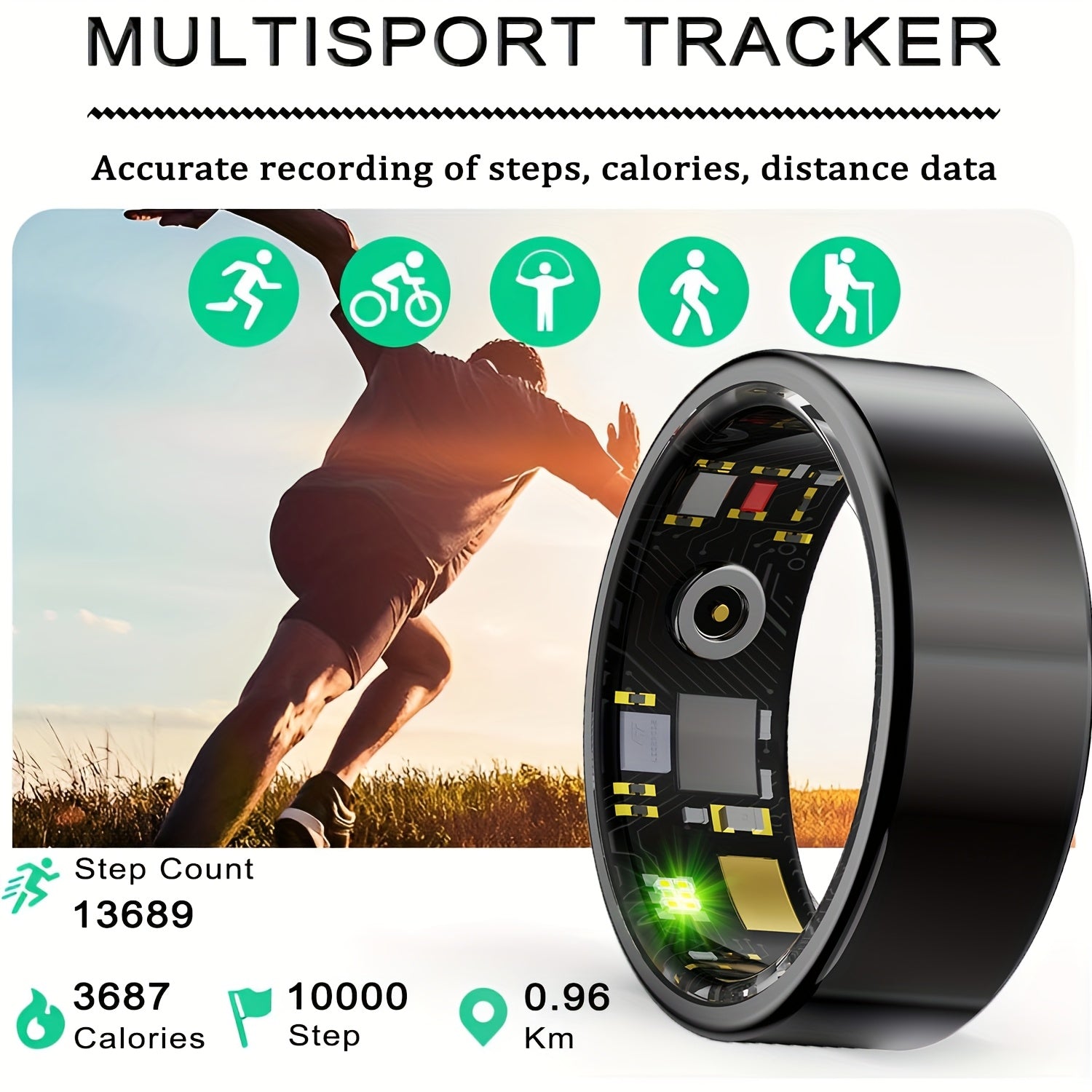 Smart Ring Fitness Tracker for Women Men – IP68 Waterproof Health Ring with Sleep Tracker, Step Counter & Distance Monitor, Compatible with iPhone & Android, Sizes #7-#13