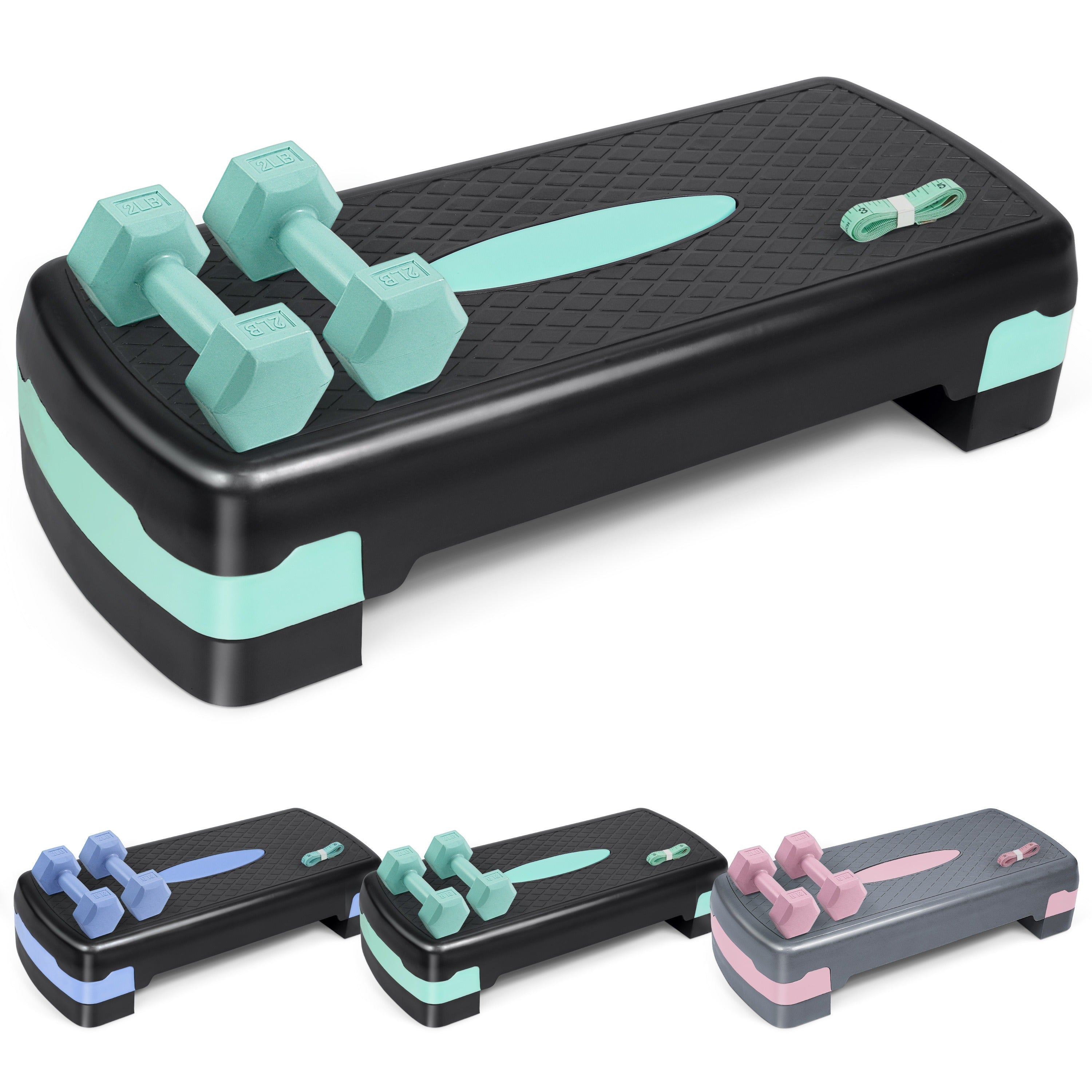 Aerobic Step Platform with Dumbbells Measuring Tape Adjustable Height 2 Level Risers Non-Slip Exercise Stepper Home Gym Workout 550LB Capacity Pink Green Blue