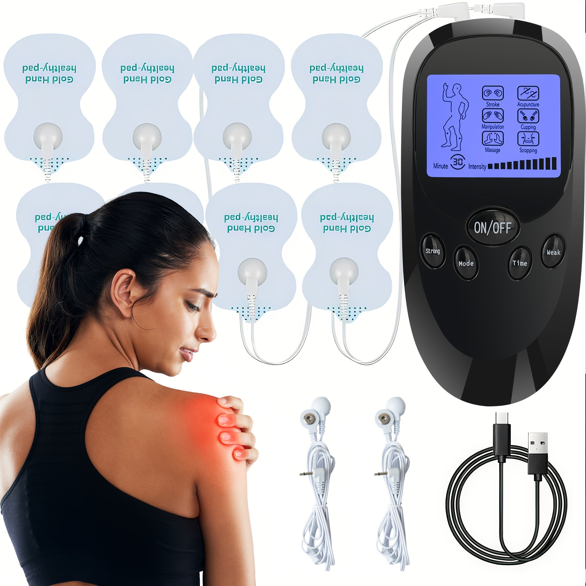TENS EMS Dual Channel Muscle Relief Pulse Massager - 8 Electrodes, 6 Modes, Pain Relief for Shoulders, Back & Knees, Portable Electric Muscle Stimulator for Recovery & Relaxation