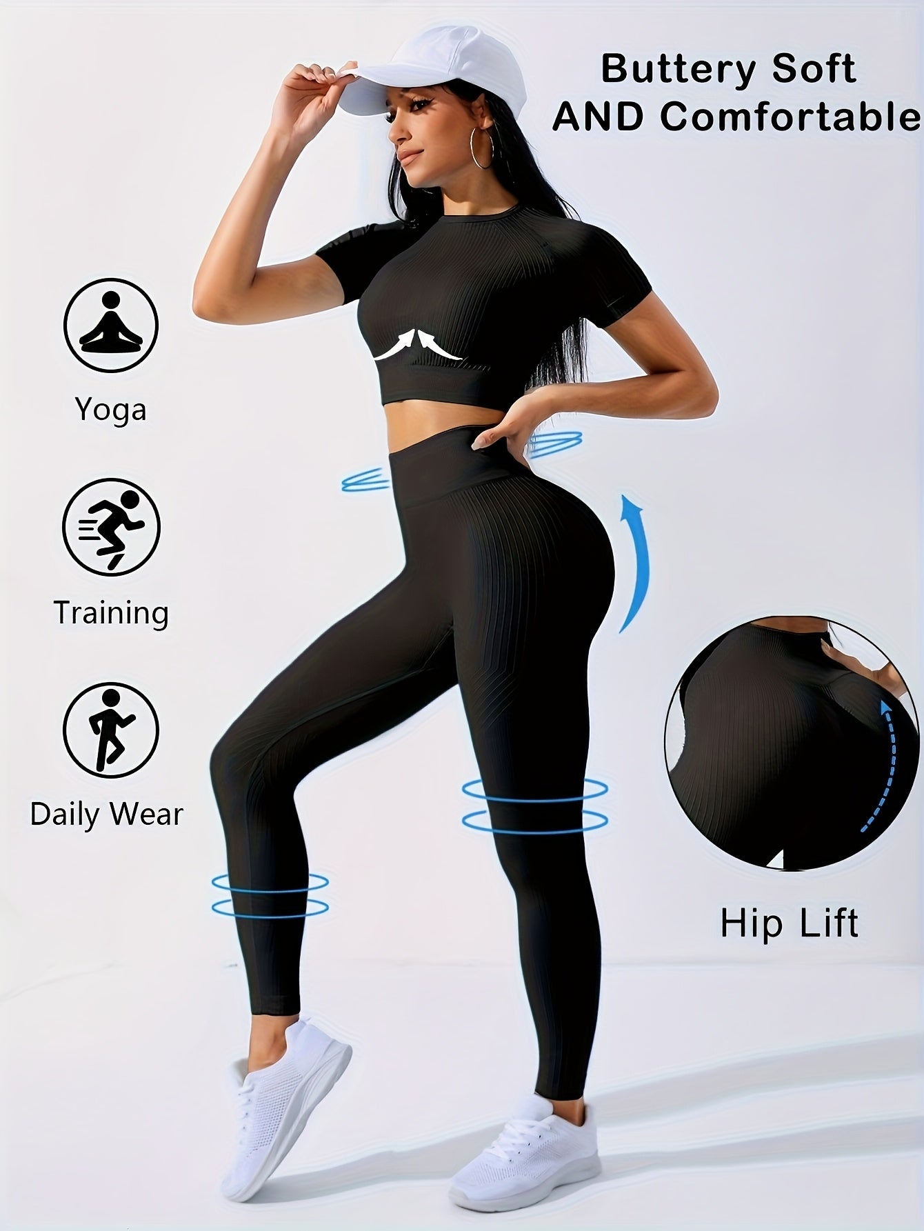 2PCS Women's Workout Set – Yoga Crop Top & Leggings, Crew Neck, Medium Stretch, Solid Color All-Season Activewear, XS-XL