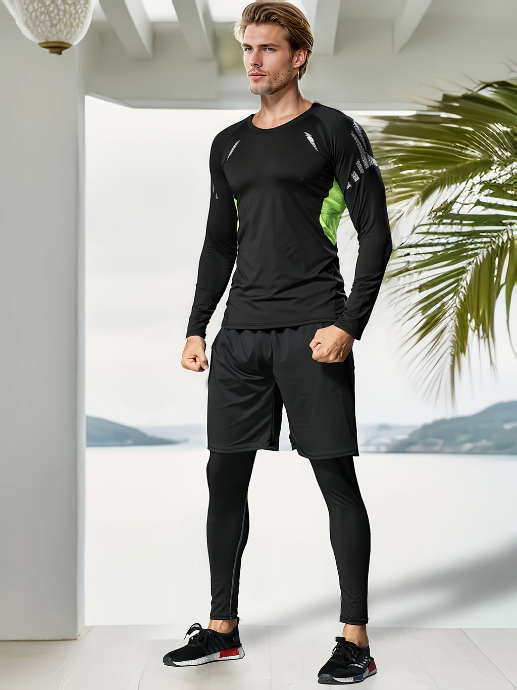 Men's 3-Piece Compression Sports Suit Quick-Dry – Moisture-Wicking Gym Running Training Outfit, High Elastic Breathable Activewear for Cycling Hiking Fitness, Grey & Fluorescent Green, S-XXL