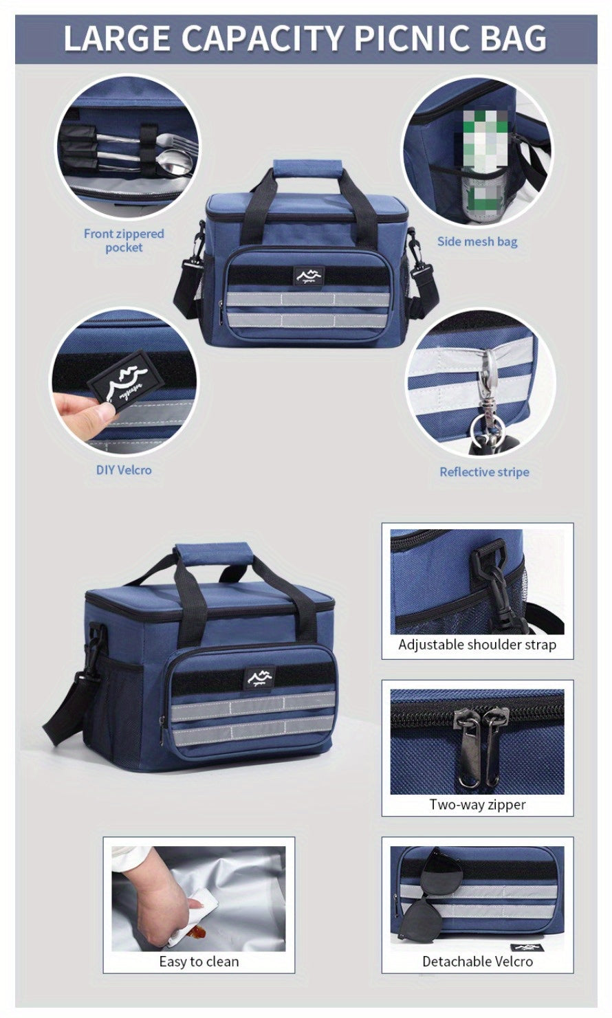 Large Capacity Insulated Cooler Bag Picnic Bag – Portable Crossbody Refrigerated Lunch Bag with Foil Storage Bags for Outdoor Camping Travel Black Grey Navy Khaki
