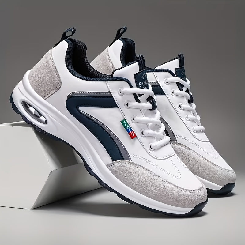 Men's Fashion Sneakers Lace-Up Non-Slip Soft Sole Casual Running Shoes PU Leather Comfortable Outdoor Athletic Footwear