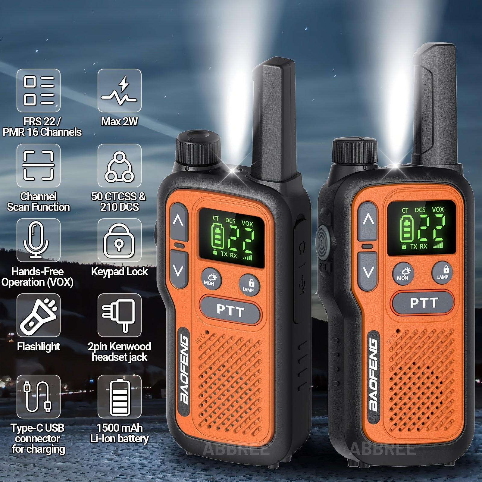 Baofeng Walkie Talkies 2 Pack 22 FRS Channels LCD Display VOX Hands-Free USB-C Rechargeable Built-In Flashlight – Long Range Two Way Radio for Hiking Camping Family Outdoor Adults