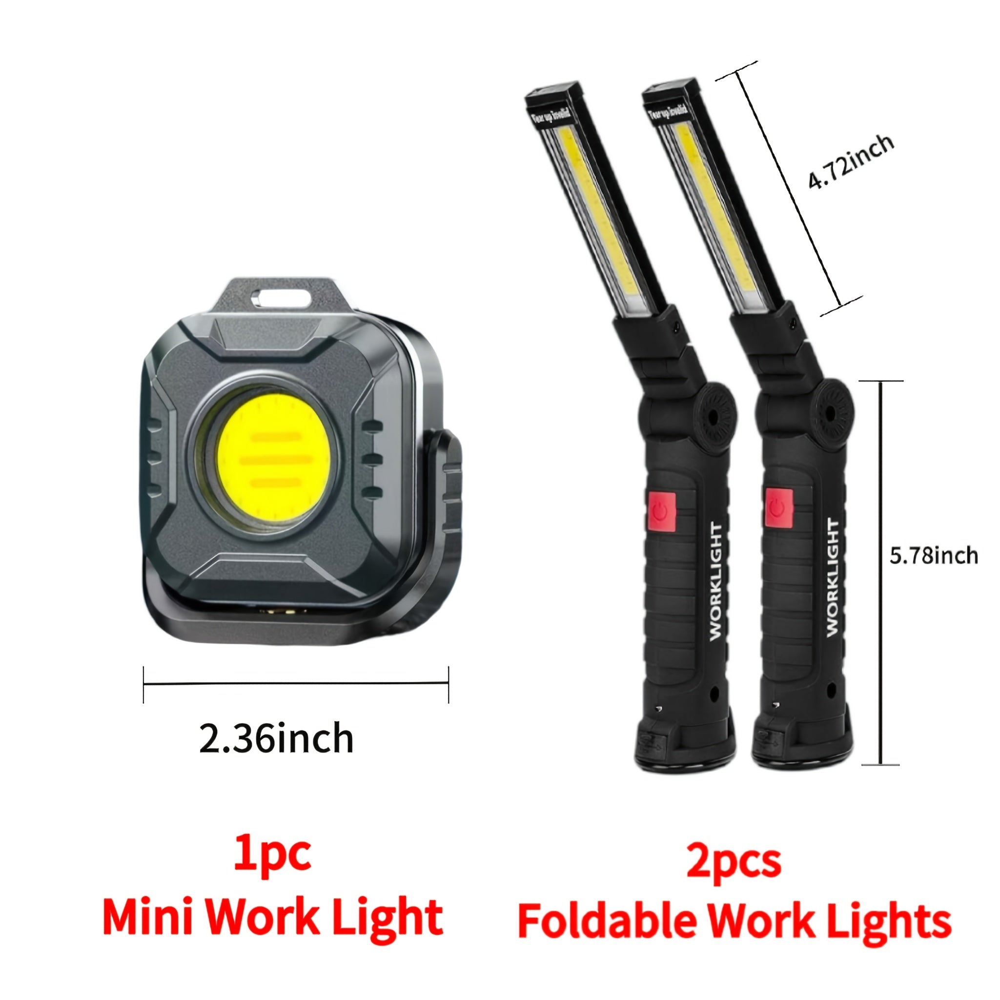 COB LED Rechargeable Work Light with Magnetic Base Multi-Pack - Portable Hanging Flashlight for Camping Garage Yard Emergency - Solar Front Mini Work Light Combo Sets