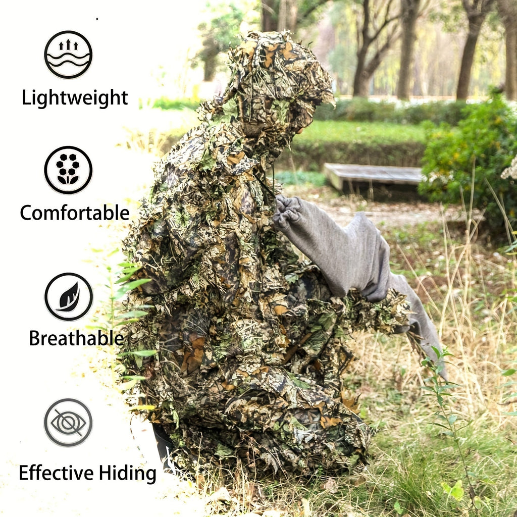 Ghillie Suit 3D Leaf Camouflage Hunting Suit Lightweight Breathable Camo Outfit for Men Hunting Wildlife Photography Outdoor Training Spring Summer Fall Sizes M-XXL
