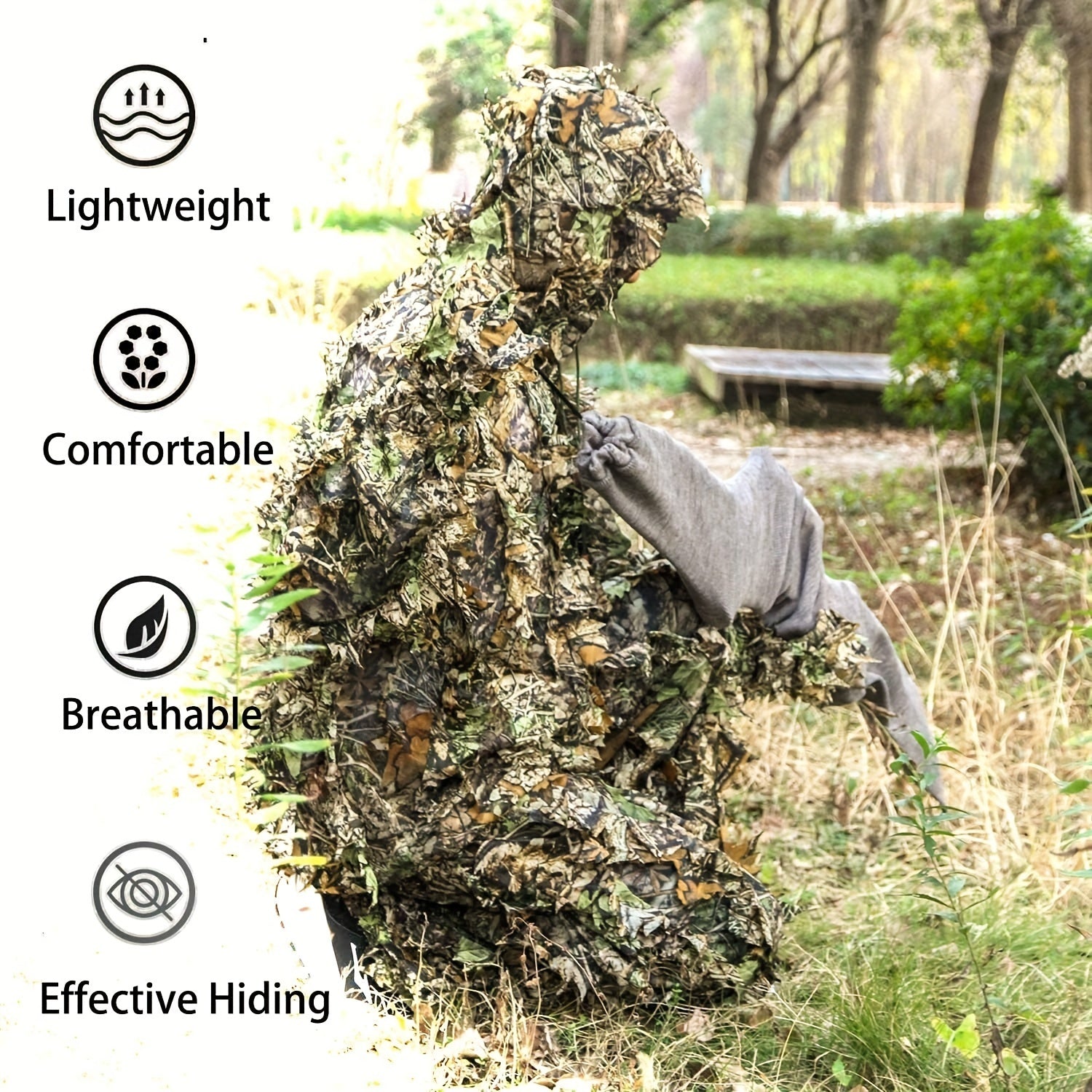 Ghillie Suit 3D Leaf Camouflage Hunting Suit Lightweight Breathable Camo Outfit for Men Hunting Wildlife Photography Outdoor Training Spring Summer Fall Sizes M-XXL
