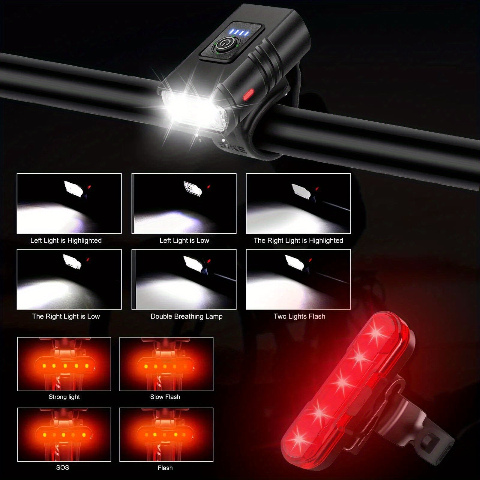 LED Bike Light Set 2pcs USB Rechargeable 1500 Lumen Headlight with Whistle 6 Front Modes 4 Tail Modes Power Display Waterproof Safety Bicycle Lights for Night Riding