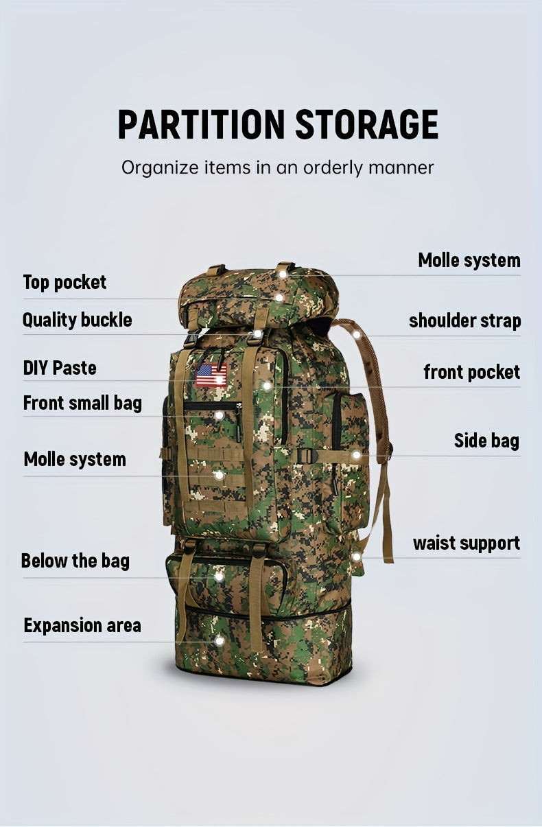 100L Tactical Camouflage Backpack – Large Capacity Hiking Rucksack with Multiple Compartments, Ergonomic Straps for Camping, Trekking, Hunting & Travel