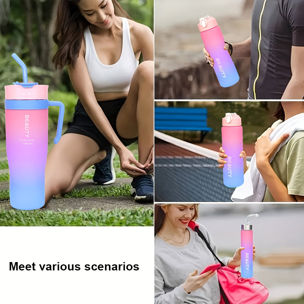 3-Piece Gradient Plastic Water Bottle Set with Straw 1380ml 800ml 280ml – Leakproof Portable Sports Cups for Car Gym Outdoor Fitness Travel