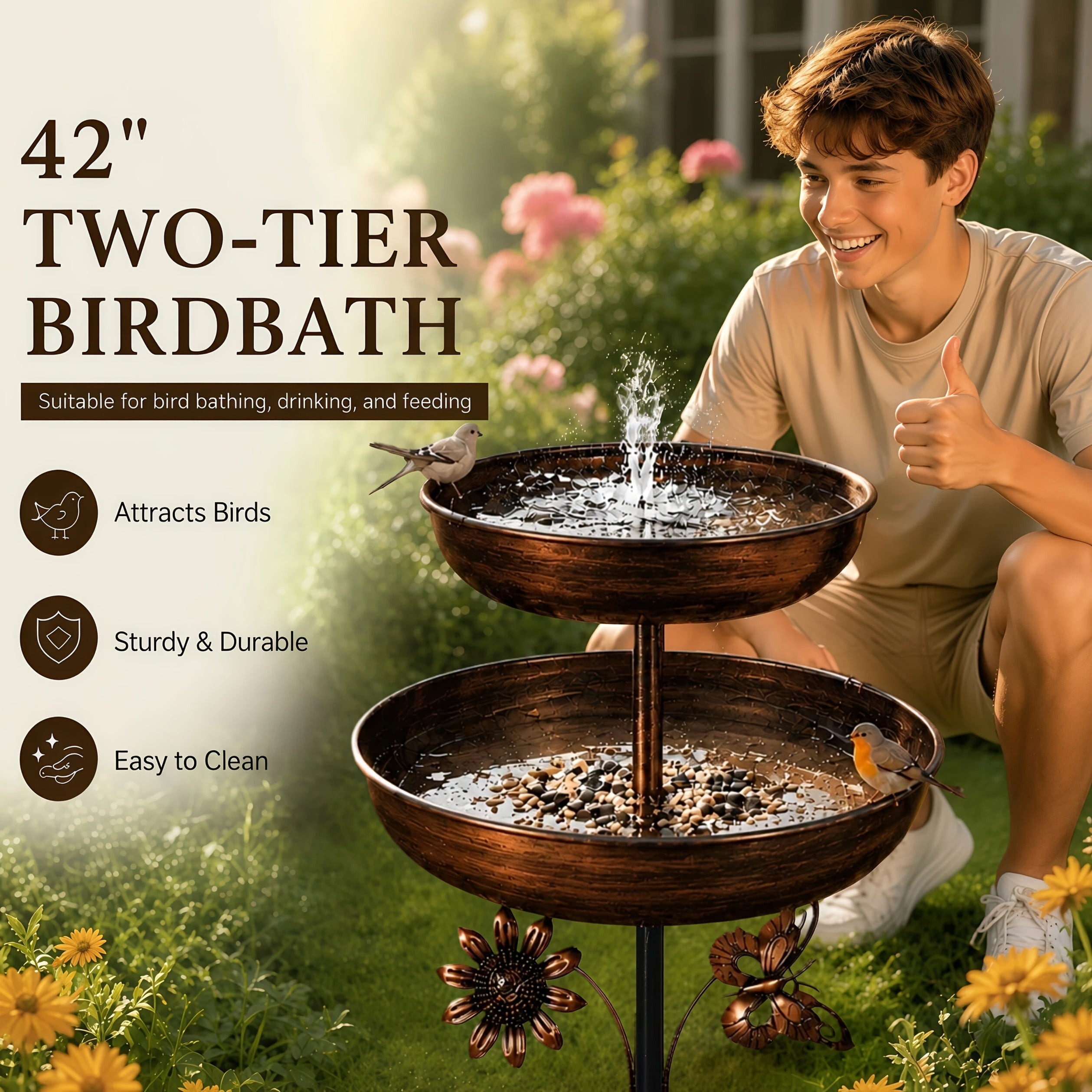 Bird Bath for Outdoor Garden - 42 Inch Heavy Duty Metal Double Layer Bird Bath & Feeder, Large Capacity Water Basin, 5-Claw Stable Base, Easy to Install & Clean, Copper Color Yard Decoration