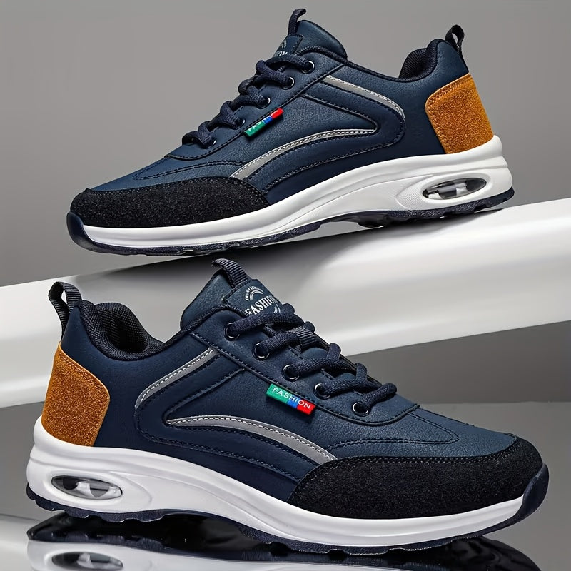 Men's Fashion Sneakers Lace-Up Non-Slip Soft Sole Casual Running Shoes PU Leather Comfortable Outdoor Athletic Footwear