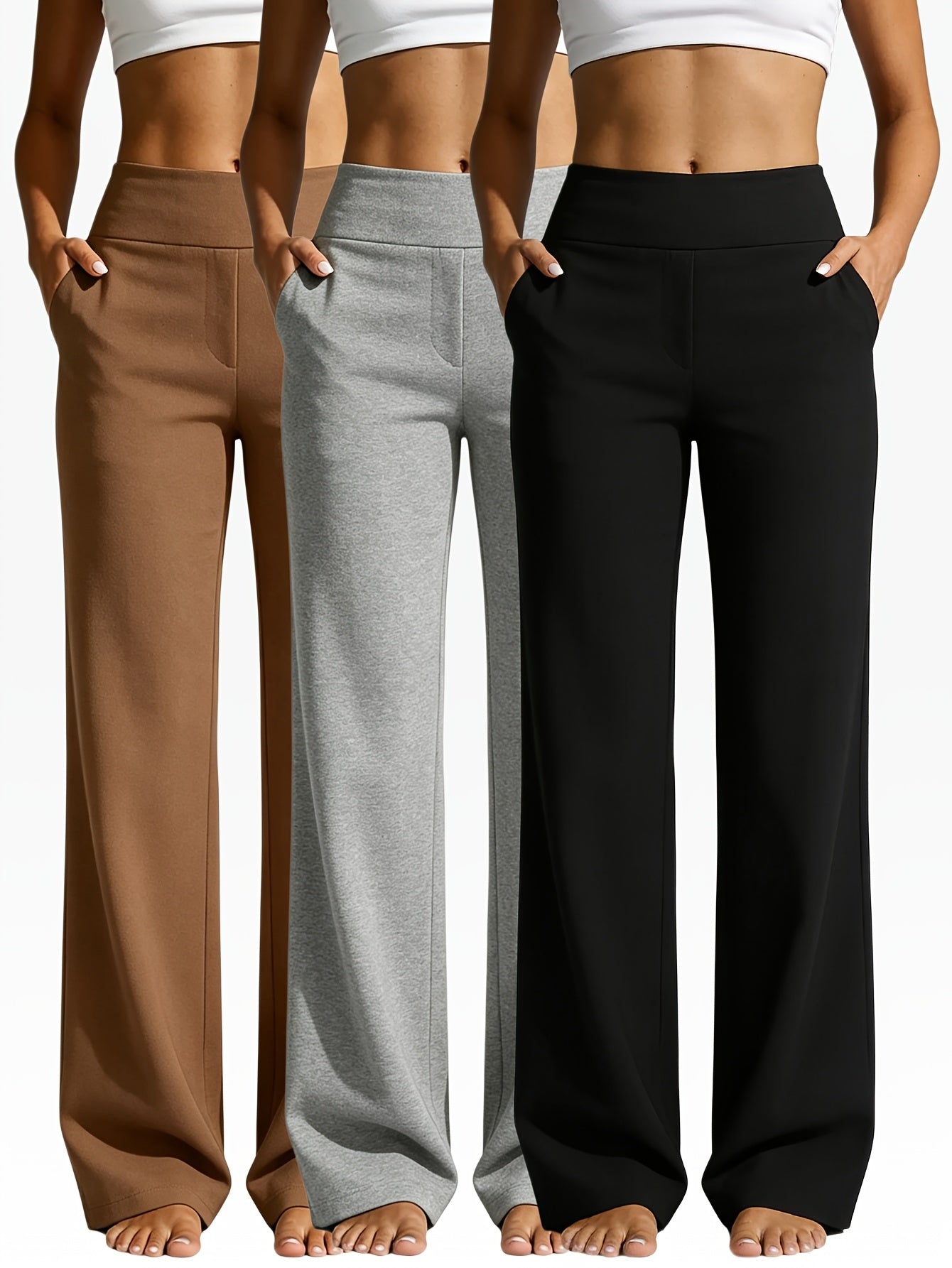 Women's Wide Leg Yoga Pants 3-Pack Loose Straight Leg Workout Pants with Pockets – Soft Stretch Casual Sports Fitness Running Pants for Women Black Gray Coffee S-XXL