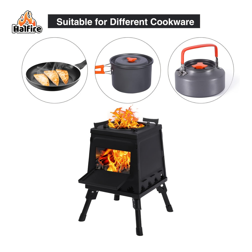 Portable Wood Burning Camp Stove – Heavy-Duty Iron Campfire Stove with Sturdy Legs & Air Vents for Hiking, Backpacking, BBQ, Picnic & Travel, No Electricity Needed