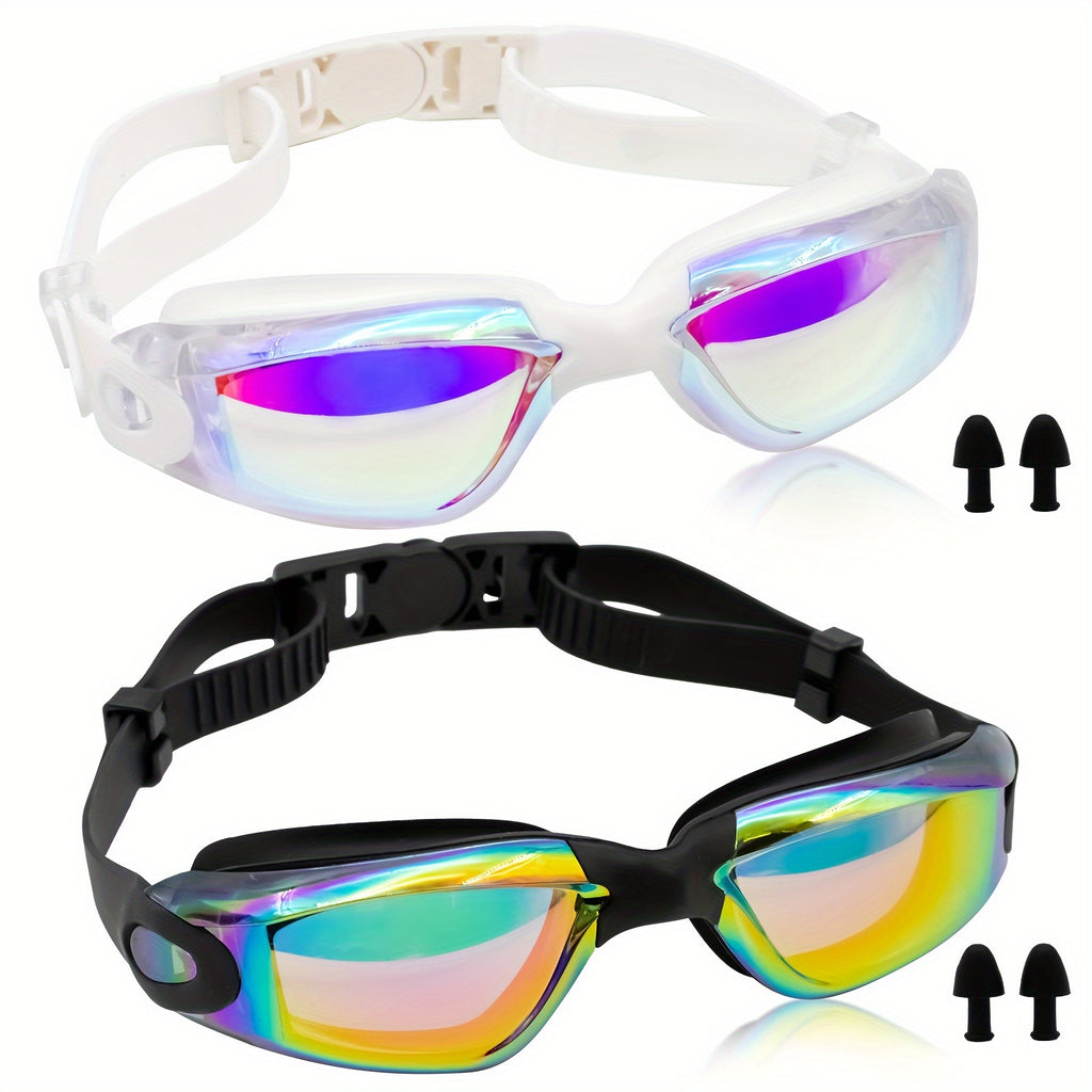 2-Pack HD Swim Goggles Gold-Plated Lens Anti-Fog Anti-Leak with Adjustable Strap & Earplugs - Professional Clear Vision Pool Goggles for Beginners, Daily Training, Men & Women (Black/White or Blue/Red)