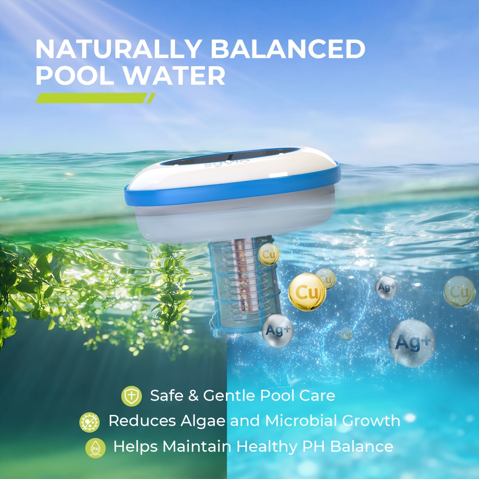Solar Powered Pool Ionizer - Chemical-Free Floating Water Purifier for Pools Up to 45,000 Gallons - Chlorine Reducer with Brass Parts & Cleaning Brush - Reusable Summer Pool Accessory