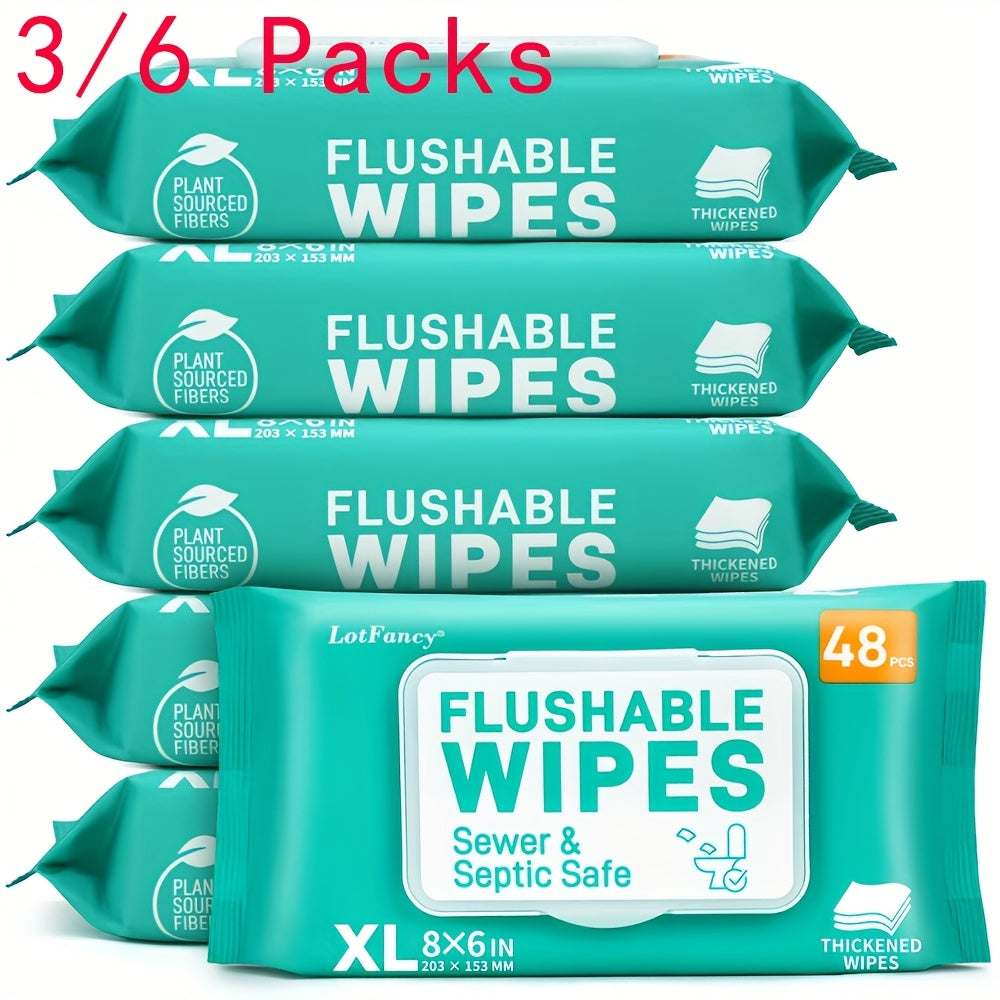 Flushable Wet Wipes Extra Large – Thickened Plant-Based Butt Wipes, Alcohol-Free, Hypoallergenic, Septic Safe, 48 Count Per Pack | Baby, Feminine, Incontinence & Travel Personal Care Wipes