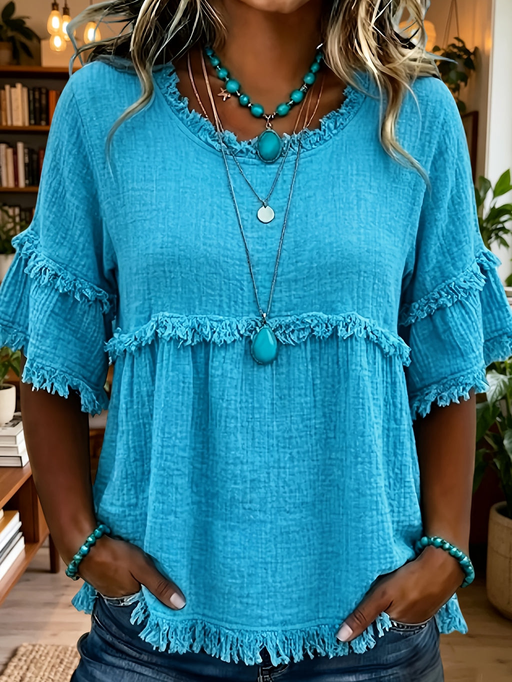 Women's Fringed Trim Short Sleeve Casual Blouse – Soft Knit Crew Neck Top for Summer, Beach & Everyday Wear | Royal Blue, Aquamarine, Sky Blue, Grey, Green (S-XXL)