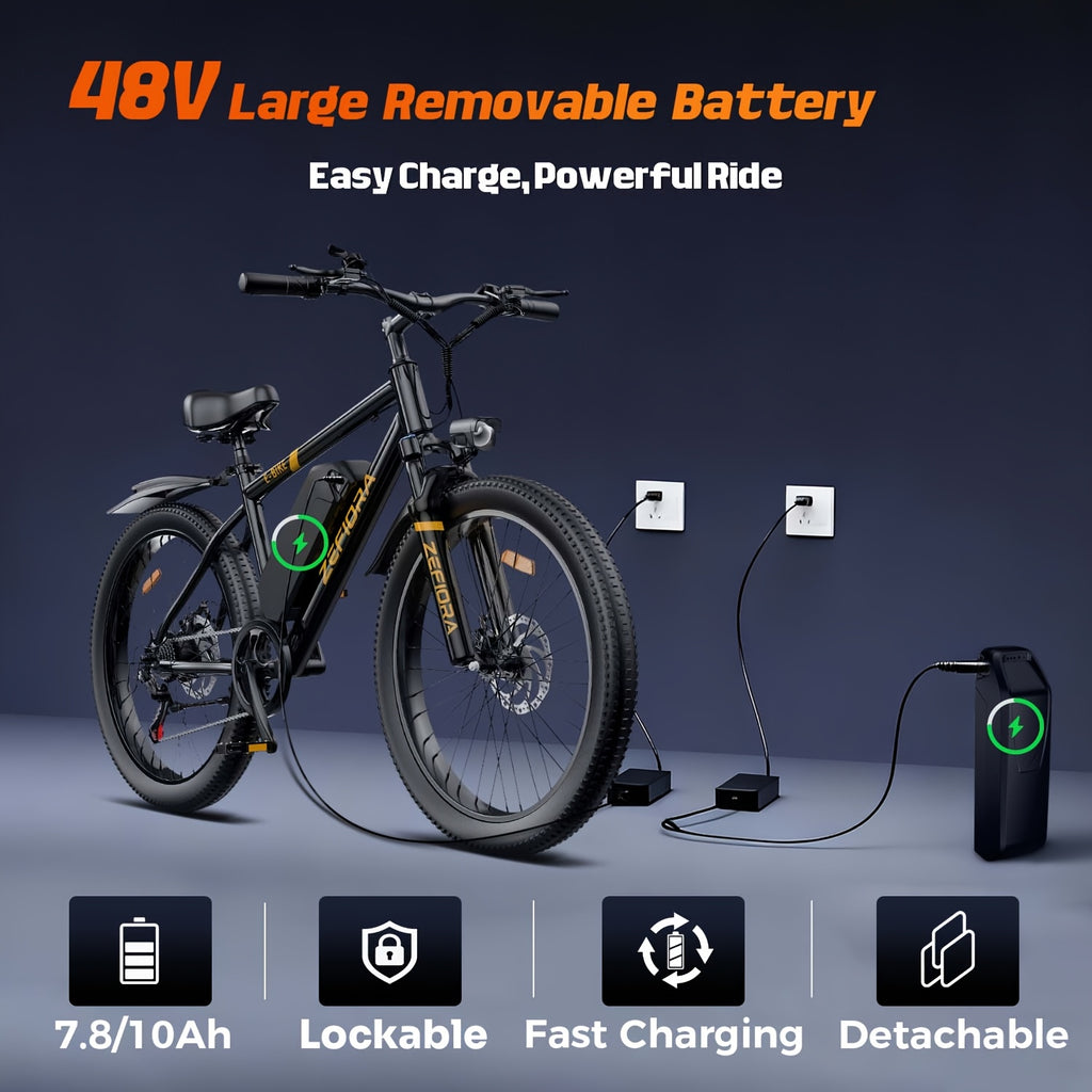 Electric Mountain Bike for Adults 26 Inch 25MPH E-Bike with 48V Removable Battery Shimano 7-Speed 3 Riding Modes Front Suspension - Electric Bicycle with Optional Lock & Phone Mount