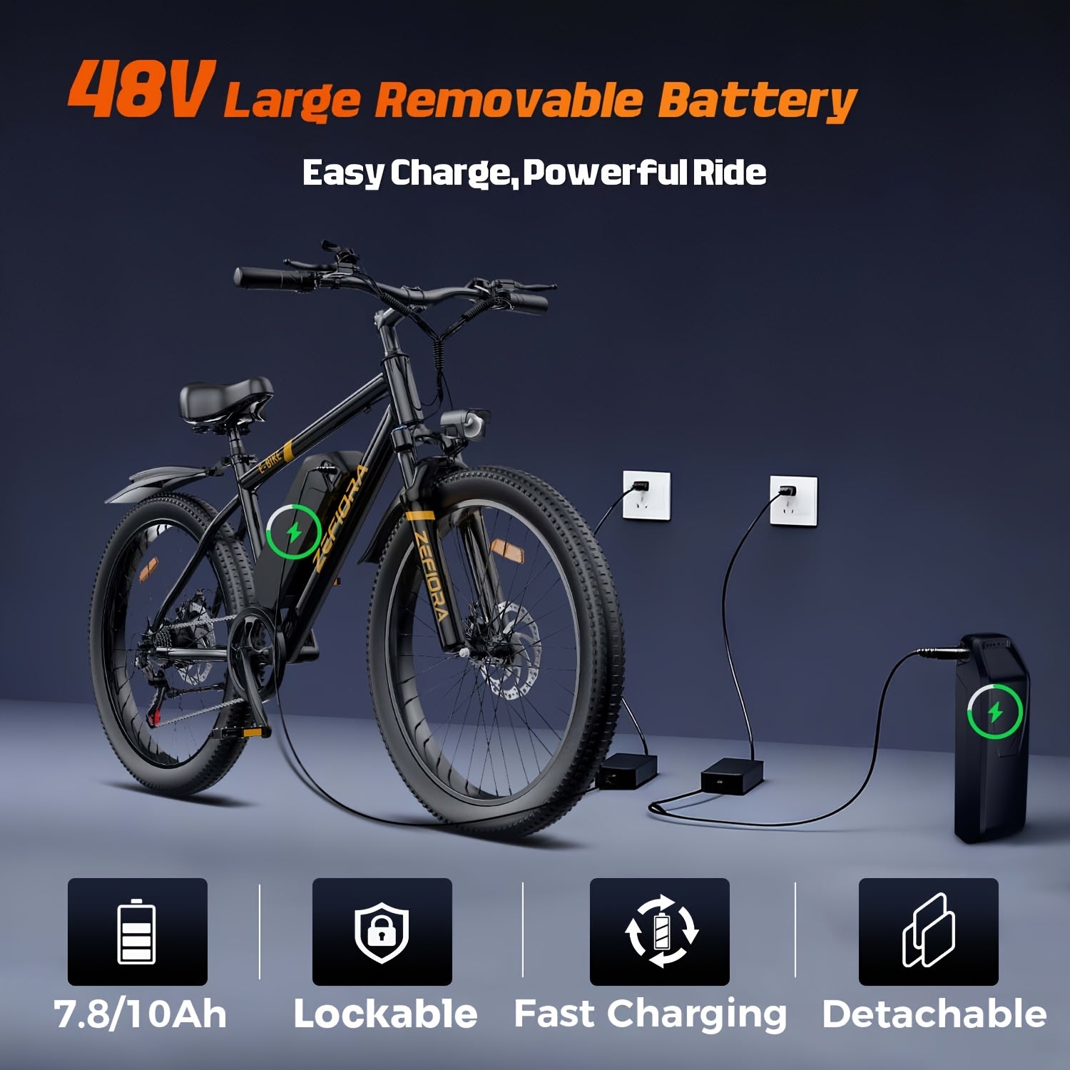 Electric Mountain Bike for Adults 26 Inch 25MPH E-Bike with 48V Removable Battery Shimano 7-Speed 3 Riding Modes Front Suspension - Electric Bicycle with Optional Lock & Phone Mount