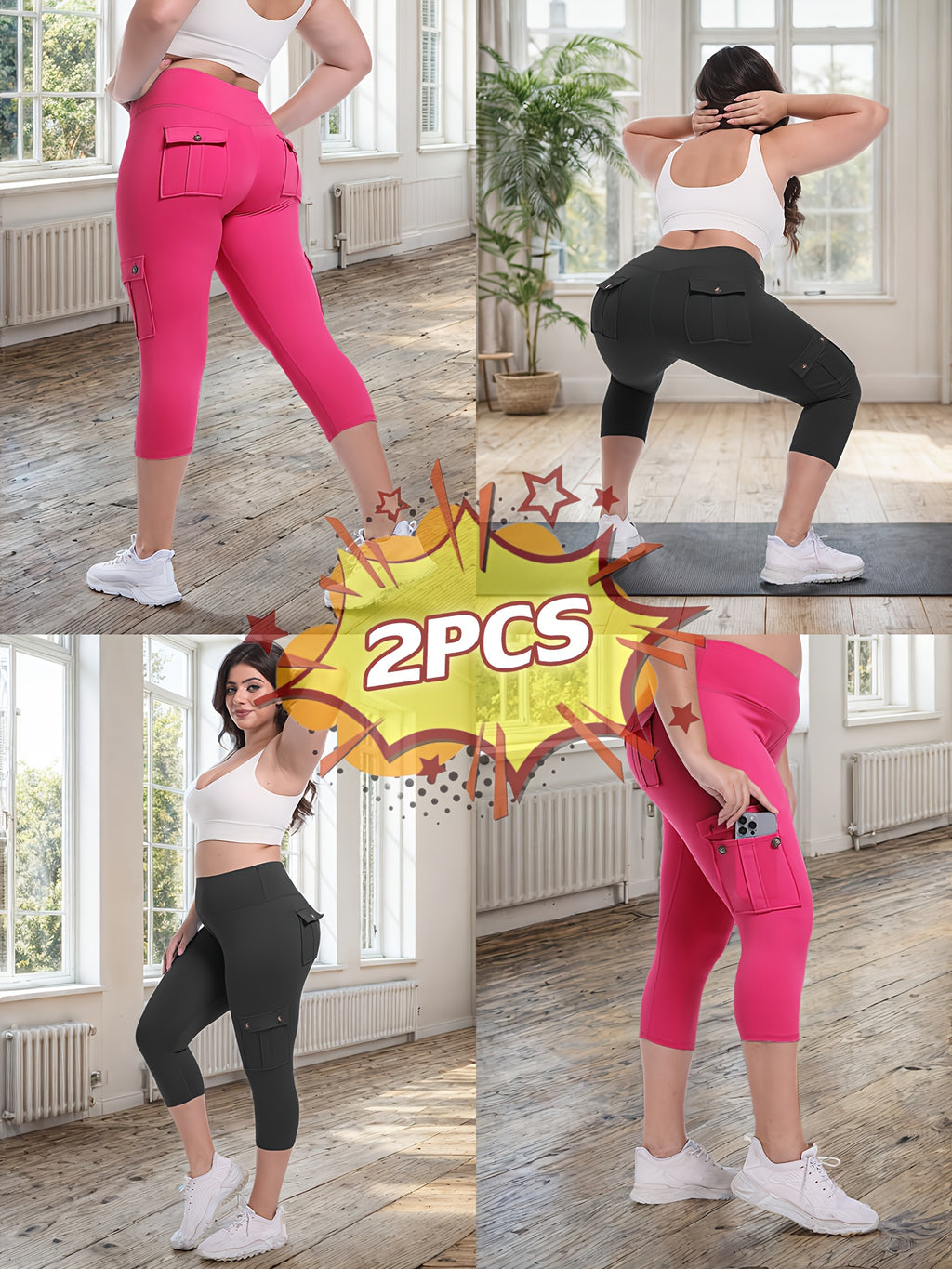 2pcs Capri Leggings Set Women High Waist Butt Lifting Yoga Workout Pants Tummy Control 4-Way Stretch Activewear S-XXL