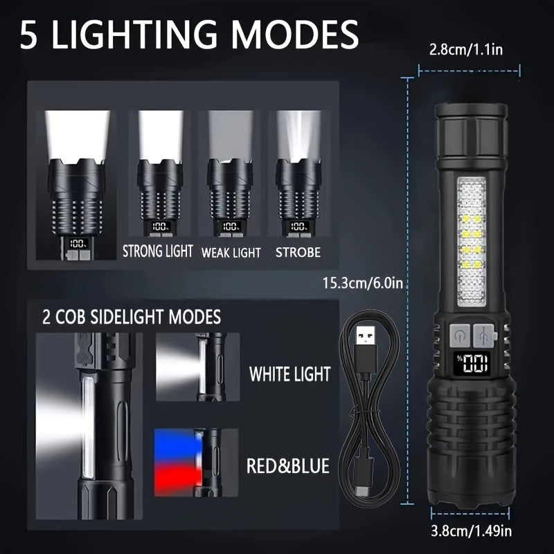 2-Pack Rechargeable LED Flashlight Combo – High Power Tactical Flashlight with COB Side Light, Telescopic Zoom & USB-C Charging for Camping, Hiking, Biking & Emergencies