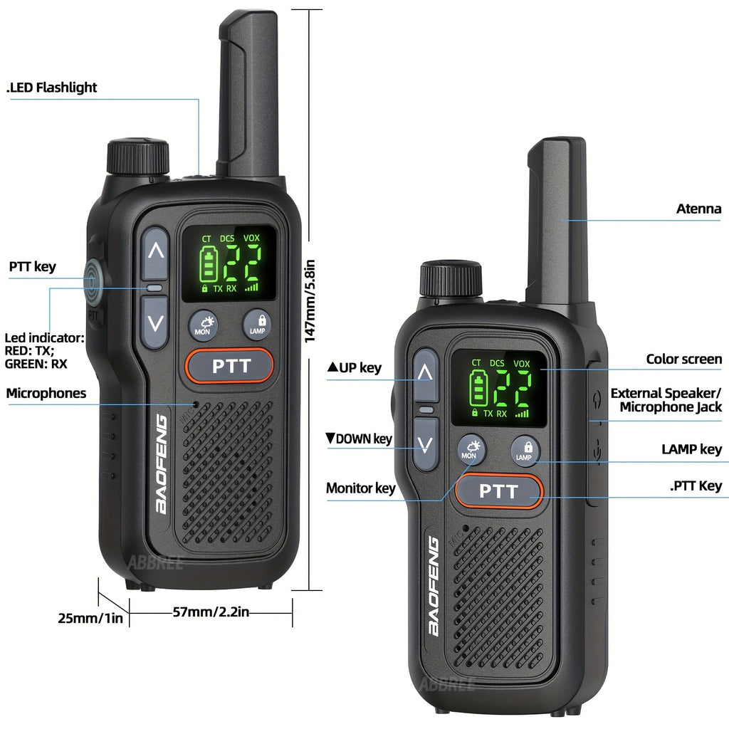 Long Range Walkie Talkies for Adults BF-T18 FRS Two Way Radio Rechargeable 1500mAh USB-C NOAA VOX LED Flashlight Hiking Camping
