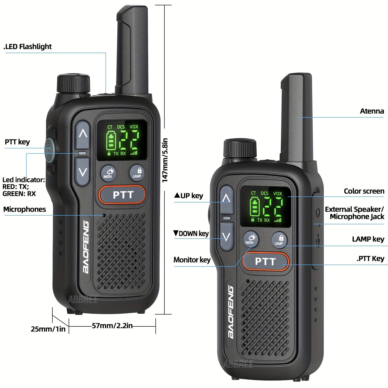Long Range Walkie Talkies for Adults BF-T18 FRS Two Way Radio Rechargeable 1500mAh USB-C NOAA VOX LED Flashlight Hiking Camping