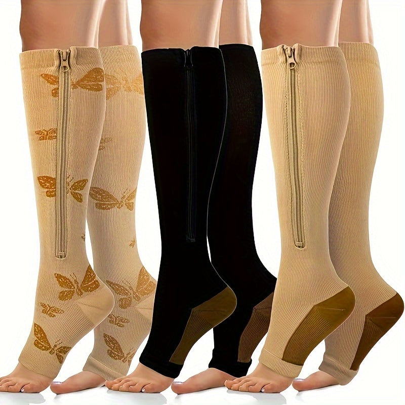 3-Pack Zip Compression Socks Wide Calf – Unisex Thigh High Compression Socks for Men & Women, Plus Size, All Season Knit Fabric S/M, L/XL, XXL