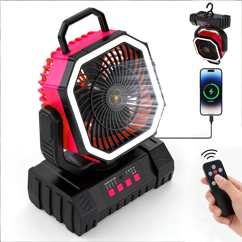 20000mAh Rechargeable Camping Fan 59-Hour Runtime Oscillating Tent Fan with Remote LED Lantern 4 Speeds USB Charging for Outdoor Patio Garage Power Outage Green Pink Orange