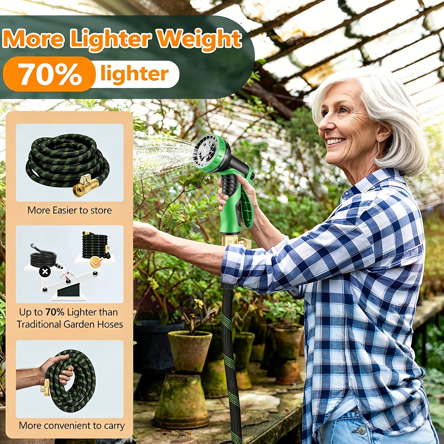 Garden Hose with 10-Function High Pressure Spray Nozzle - Lightweight Non-Expandable Water Hose for Lawn, Yard, Car Wash & Outdoor Cleaning, 10ft to 150ft with Kit Options