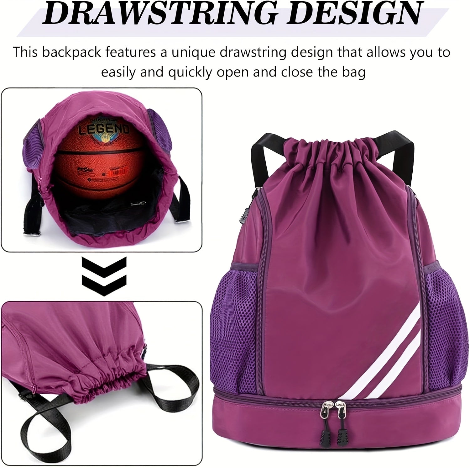 Drawstring Sports Backpack Gym Bag Lightweight for Men & Women – Basketball, Yoga & Fitness Bag with Shoulder Strap, Polyester Lining & Drawstring Pouch