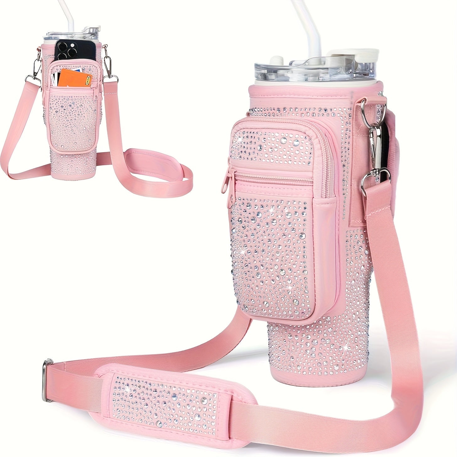 Neoprene Water Bottle Carrier Bag with Phone Pocket for 40oz 30oz Tumbler – Adjustable Strap Clip Hands-Free Bottle Holder for Hiking Camping Gym Travel Stanley Hydro Flask YETI Black Purple Pink Blue