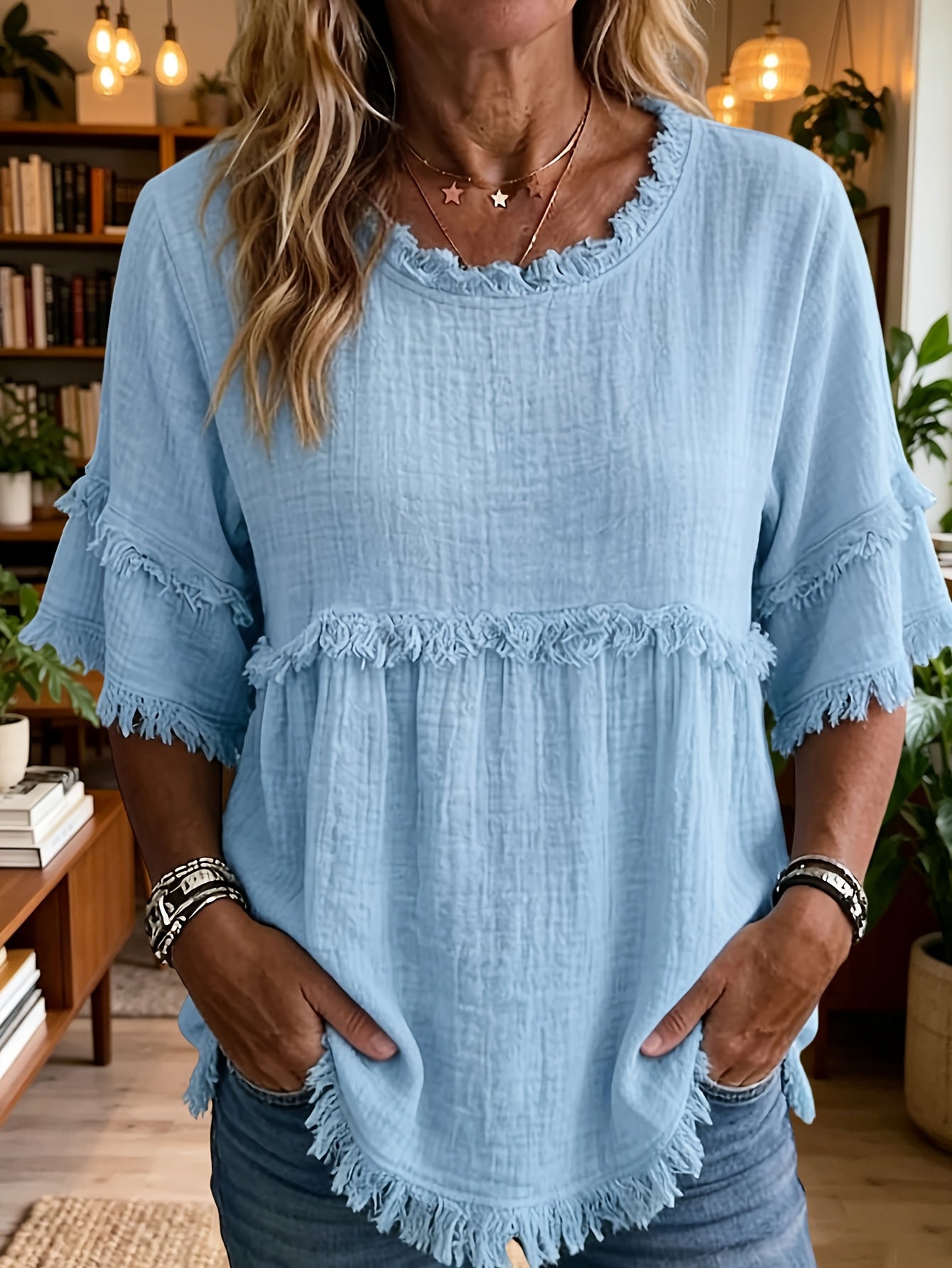 Women's Fringed Trim Short Sleeve Casual Blouse – Soft Knit Crew Neck Top for Summer, Beach & Everyday Wear | Royal Blue, Aquamarine, Sky Blue, Grey, Green (S-XXL)