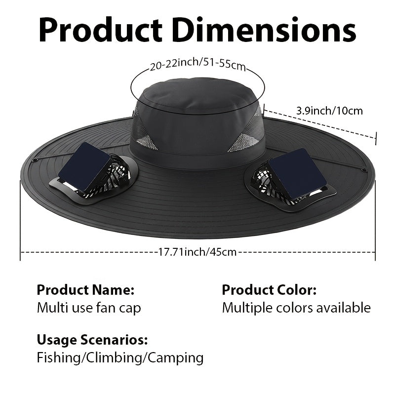 Wide Brim Outdoor Hat Solar Fan USB Rechargeable - Lightweight Sun Hat for Fishing Hiking Mountain Climbing, With or Without Fan, Black Khaki Grey Camo