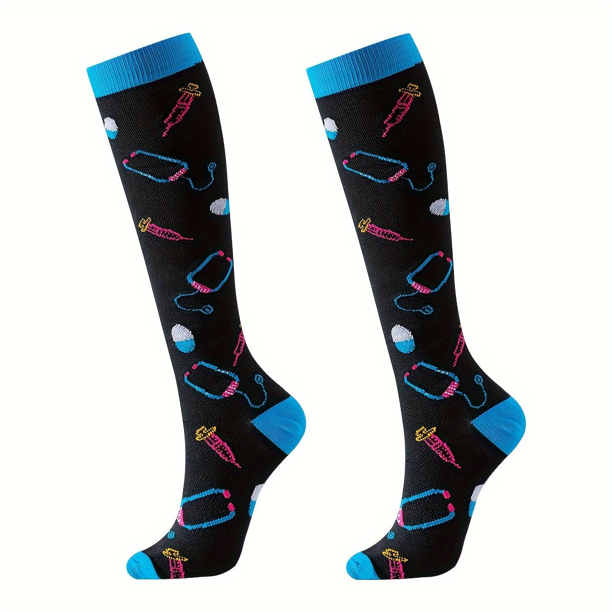 6 Pairs Knee High Compression Socks Unisex Over the Knee Athletic Stockings 65% Nylon Fun Cartoon Pattern for Running Gym Sports Women Men Sizes S/M L/XL