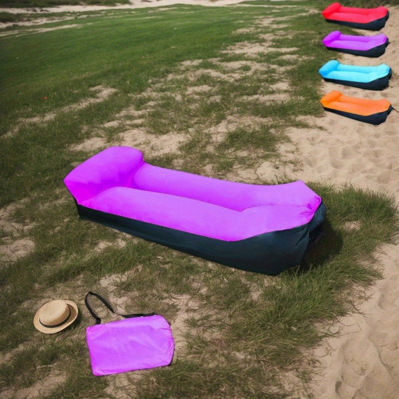 Portable Inflatable Camping Sofa Lounger Chair – Quick Inflate Outdoor Recliner for Beach, Backyard & Camping in Blue, Purple, Red & Green