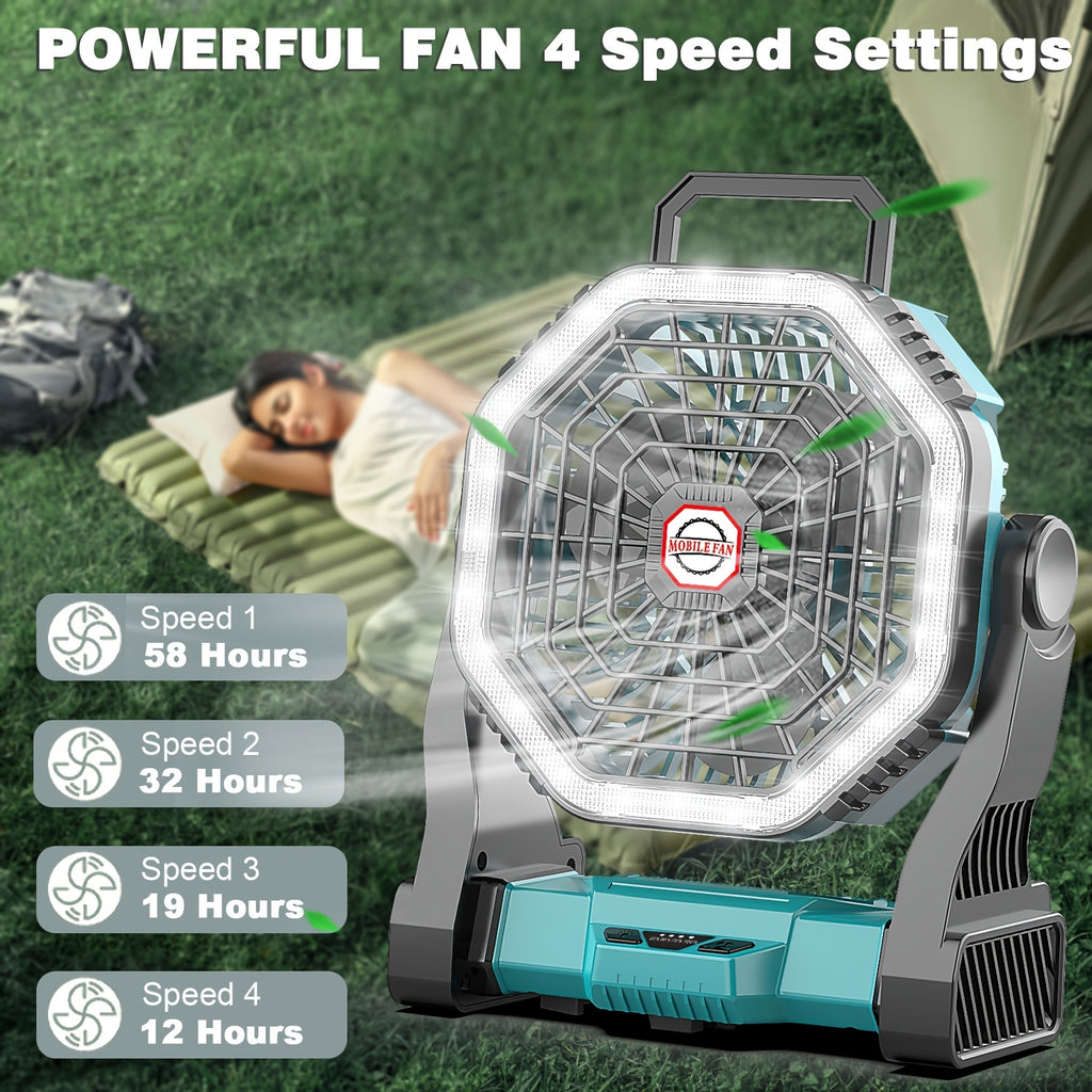 Camping Fan with LED Light Rechargeable USB Battery 4-Speed 3 Lighting Modes Hanging Rope Tent Outdoor Travel Indoor Portable