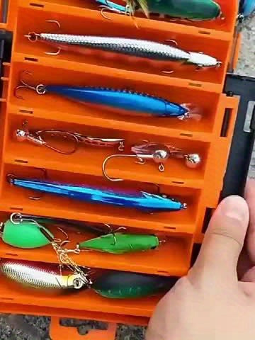 Fishing Lure Tackle Box Dual-Sided 14 Compartments – Portable ABS Lure Organizer for Minnow Pencil Squid Crankbait Hard Baits Freshwater Saltwater – Tangerine & Blue
