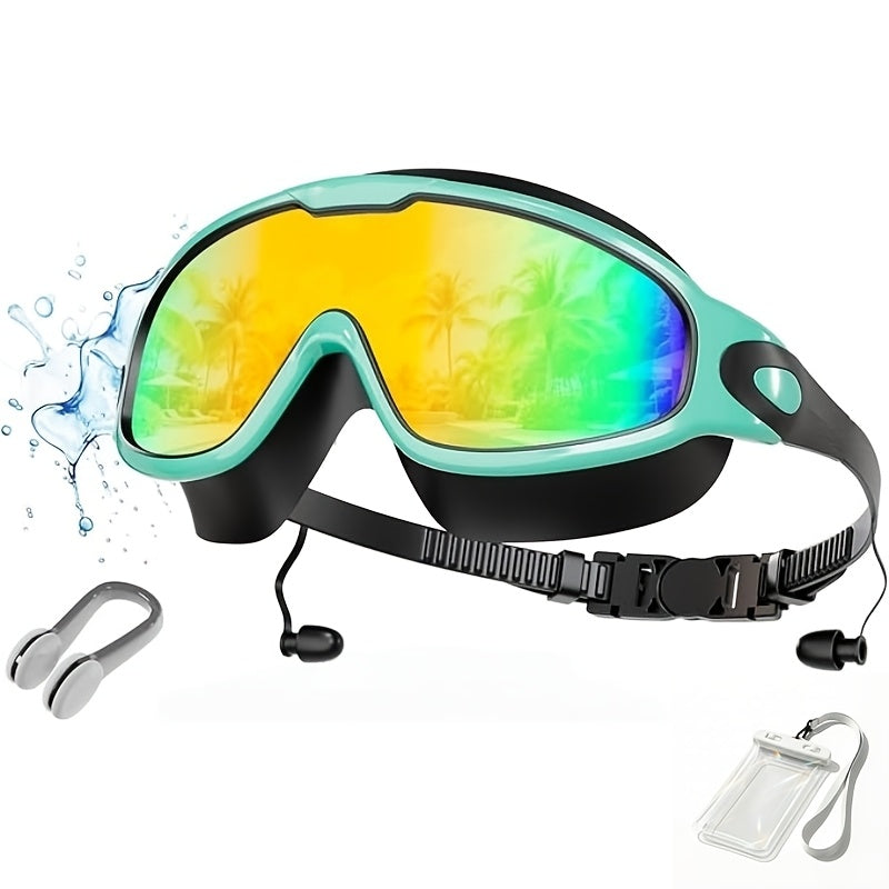Swimming Goggles Wide View Anti-Fog No-Leak with Mirrored Lens, Earplugs & Nose Clip – UV Protection Swim Goggles for Adults, Men, Women & Youth, Triathlon & Pool