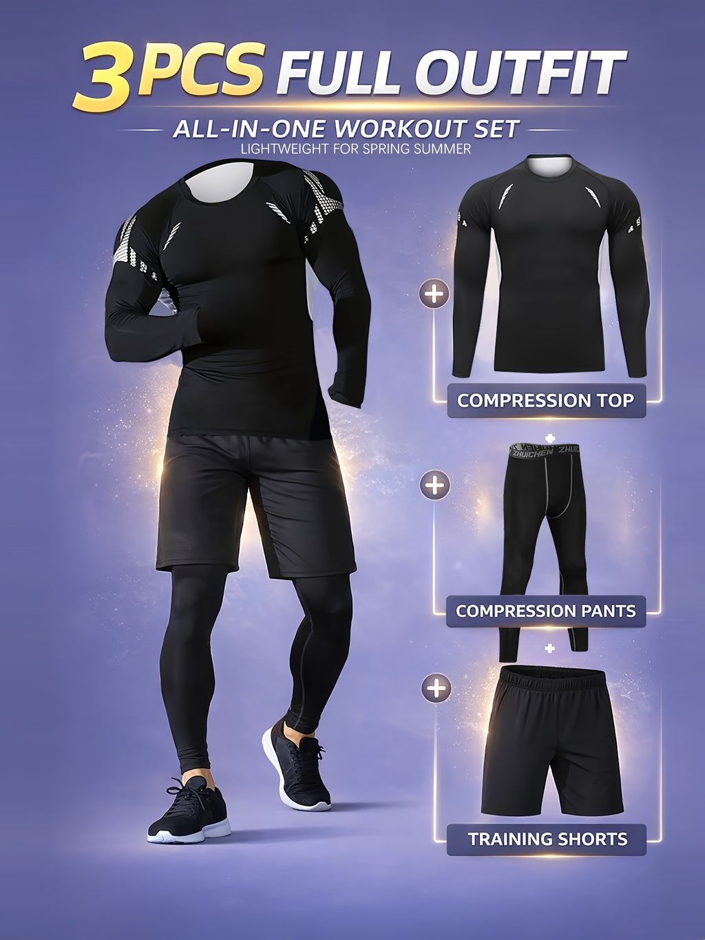 Men's 3-Piece Compression Sports Suit Quick-Dry – Moisture-Wicking Gym Running Training Outfit, High Elastic Breathable Activewear for Cycling Hiking Fitness, Grey & Fluorescent Green, S-XXL