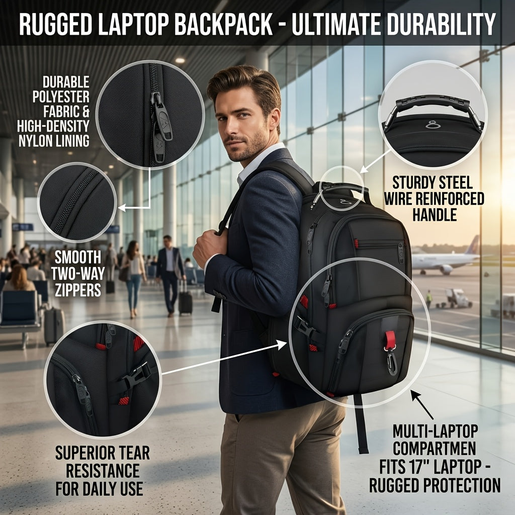 50L Extra Large Travel Backpack Fits 17" Laptop – Airline Approved, 3-Compartment Business & College Backpack for Men & Women, School, Work & Travel