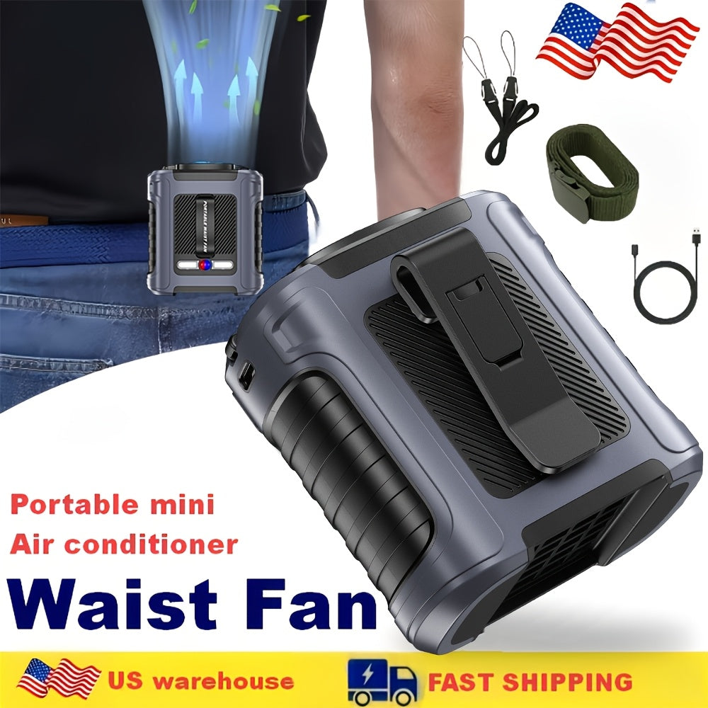 10000mAh Portable Waist Clip Fan Rechargeable Hands-Free Cooling Fan Digital Display LED Flashlight Power Bank for Outdoor Work Camping Hiking