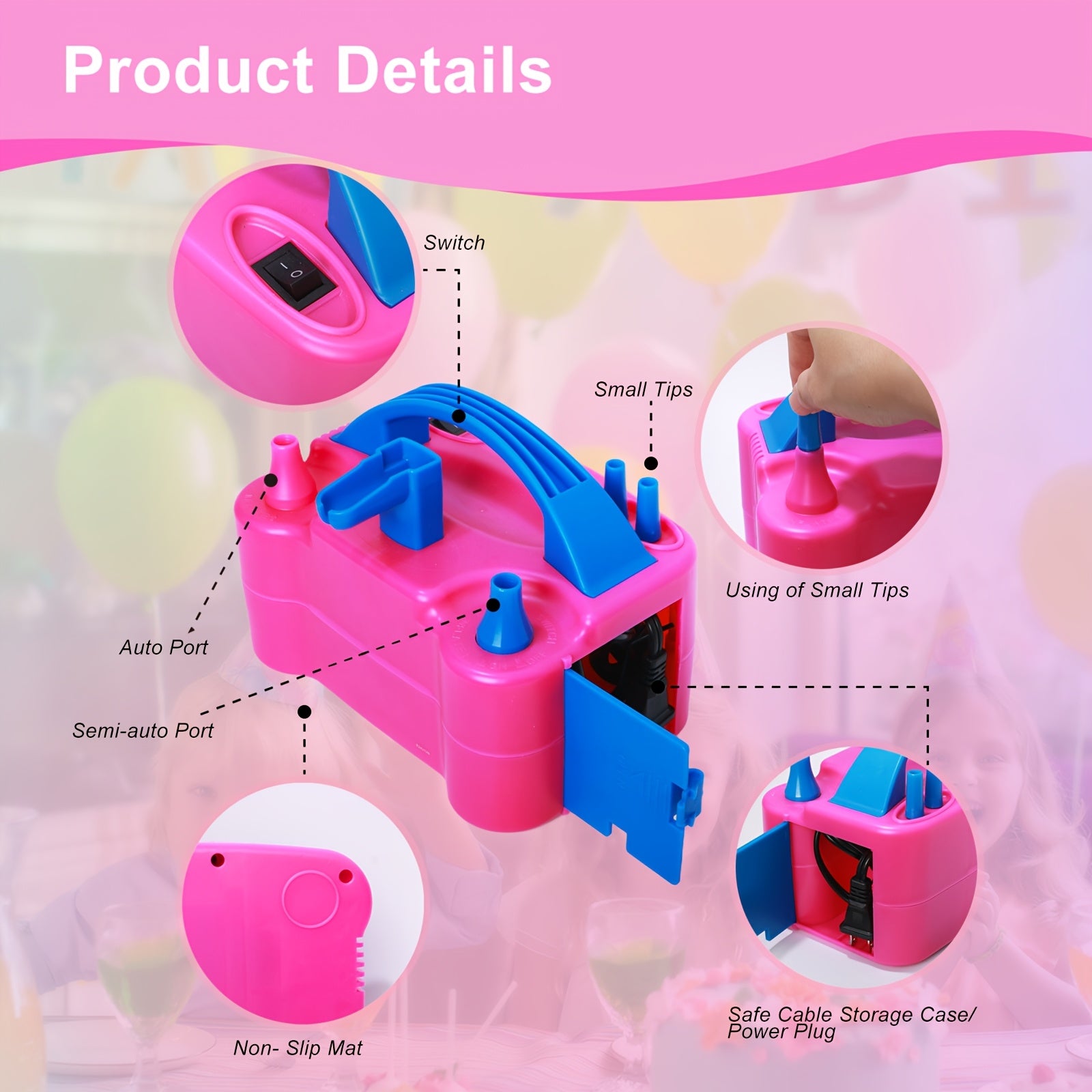 Electric Balloon Pump Portable Inflator Blower Machine with Dual Nozzles and Balloon Tie Tool Fast Inflation for Birthday Party Wedding Holiday Decorations