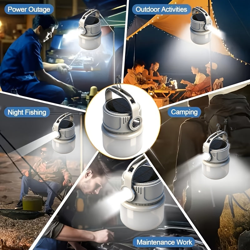 Solar Camping Lantern 6 Modes LED Rechargeable with USB Power Bank, Portable Outdoor Camp Light with Hook SOS Strobe Type-C Charge for Tent Hiking Mountaineering Emergency Preparedness