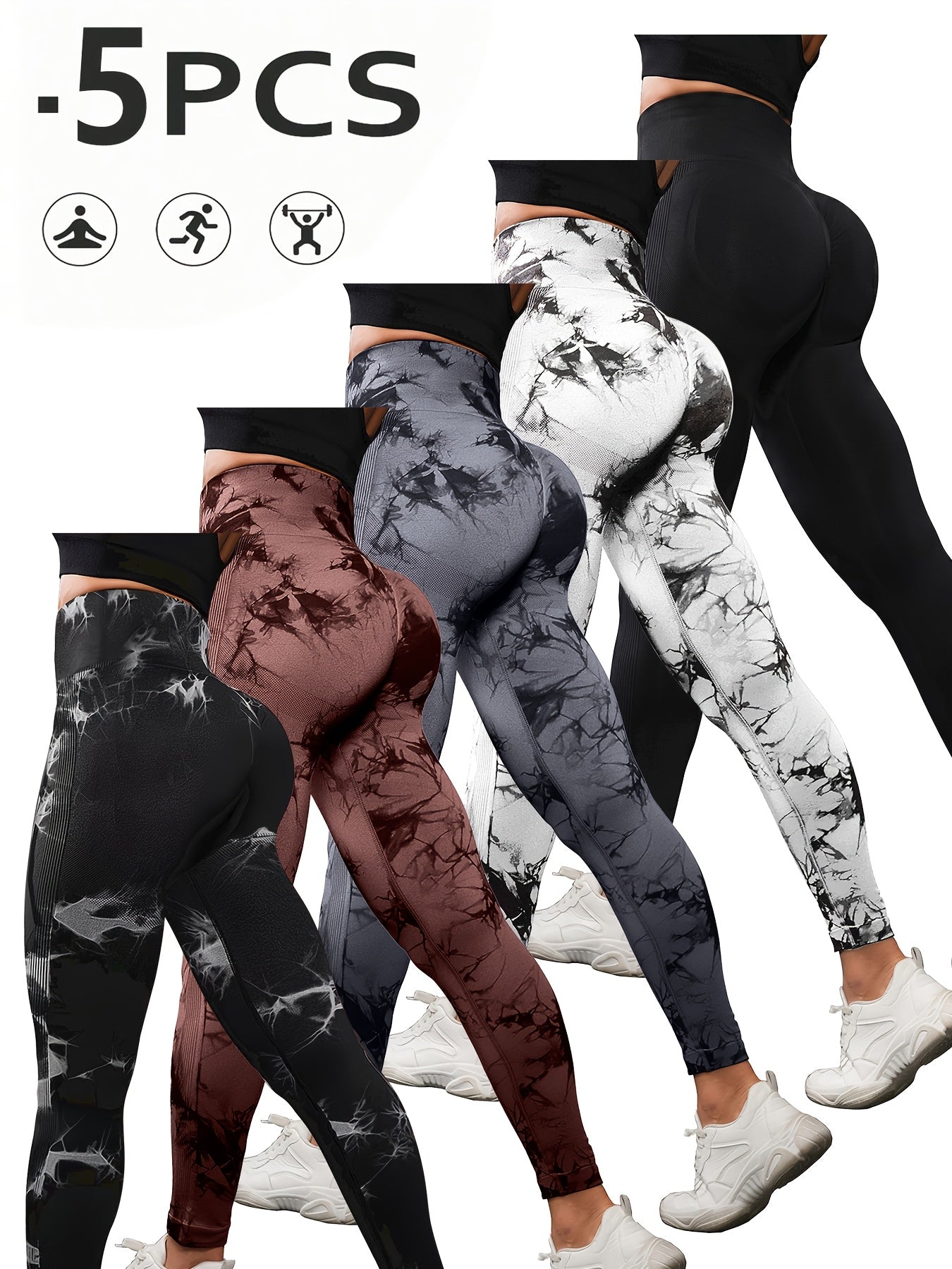 Women's High Waist Leggings 5-Pack Tie Dye Soft Supportive Workout Pants for Running Yoga Gym Pilates Stretch Athletic Tights S M L Multicolor