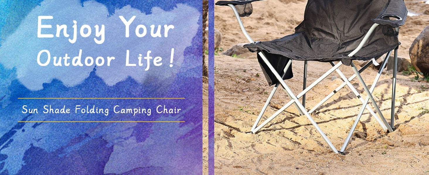 Folding Camping Chair with Canopy Sunshade Portable Beach Chair – 225 lbs Support Wide Seat Cup Holder Carrying Bag for Outdoor Lawn