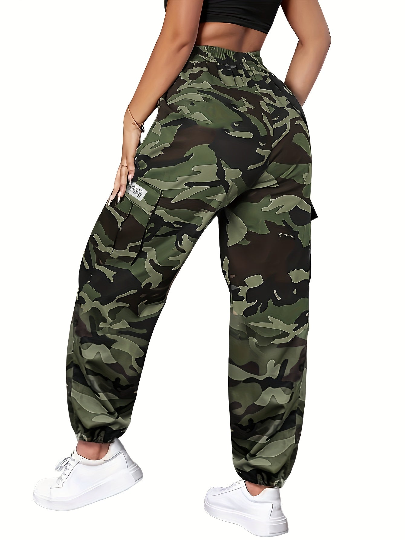 Women's Camo Cargo Pants Lightweight Breathable Hiking Camping Outdoor Long Pants Elastic Waistband Camouflage Trousers Summer Travel Casual Wear XS-XXL
