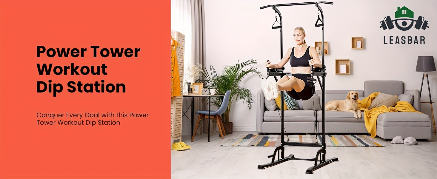 Power Tower Pull Up Bar Stand Adjustable Height 50-90 Inch 330LBS Multi-Function Dip Station Home Gym Strength Training Equipment for Pull Ups Push Ups Dips Knee Raise Men Women