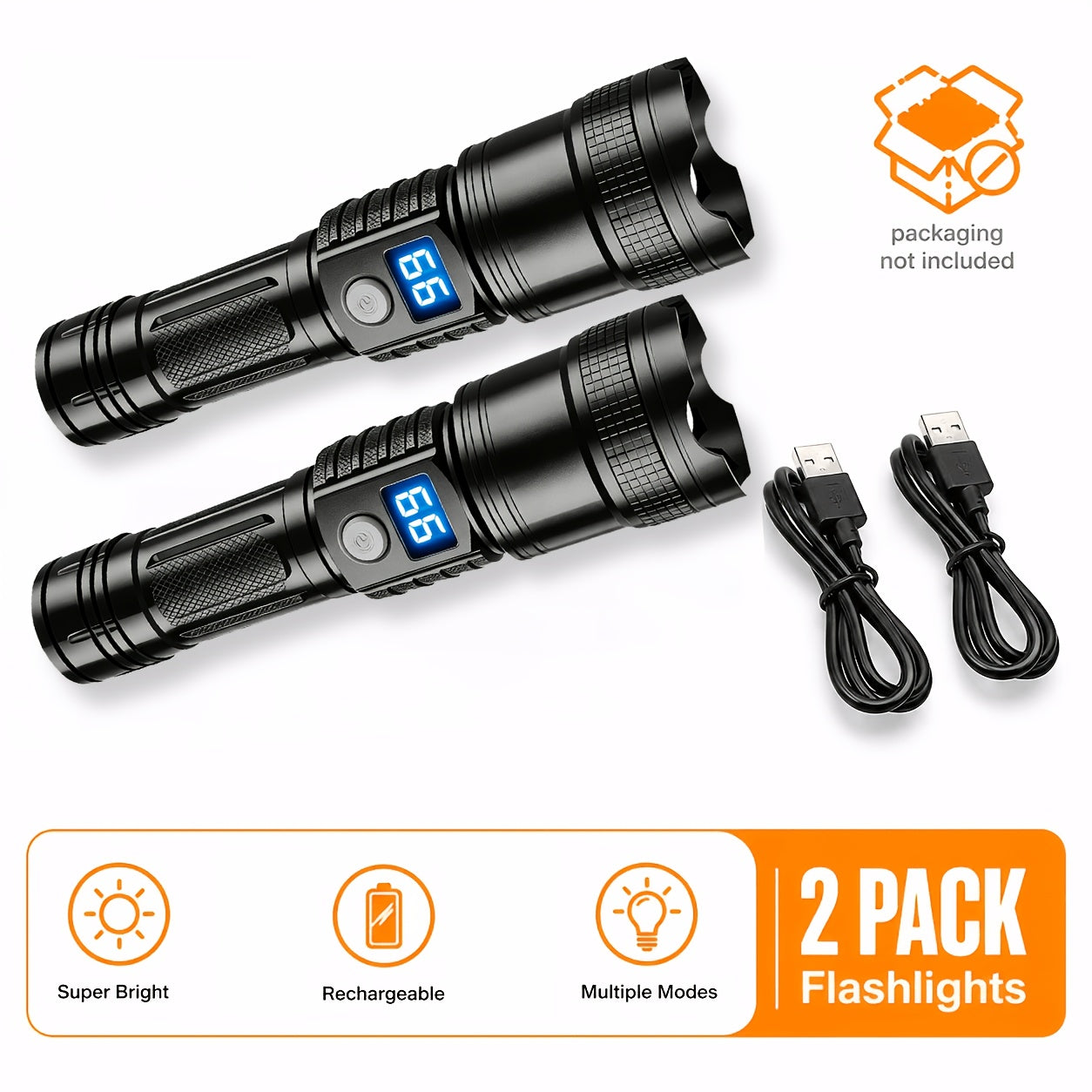 LED Flashlight Set 2 Pack Rechargeable – 3200 Lumens, 7 Modes, Zoomable Tactical Torch, USB-C, 900M Beam, for Camping, Hiking, Emergency & Survival, Carry Case Included